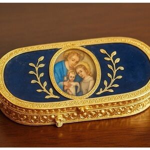 Vtg Estee Lauder Solid Perfume Compact Blue Enamel Portrait Gold Filigree 1970s